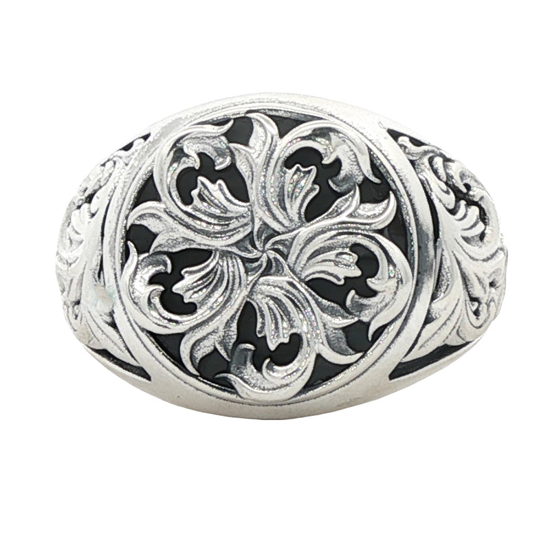 Silver men's signet ring with intricate royal filigree floral design in .925 sterling silver.