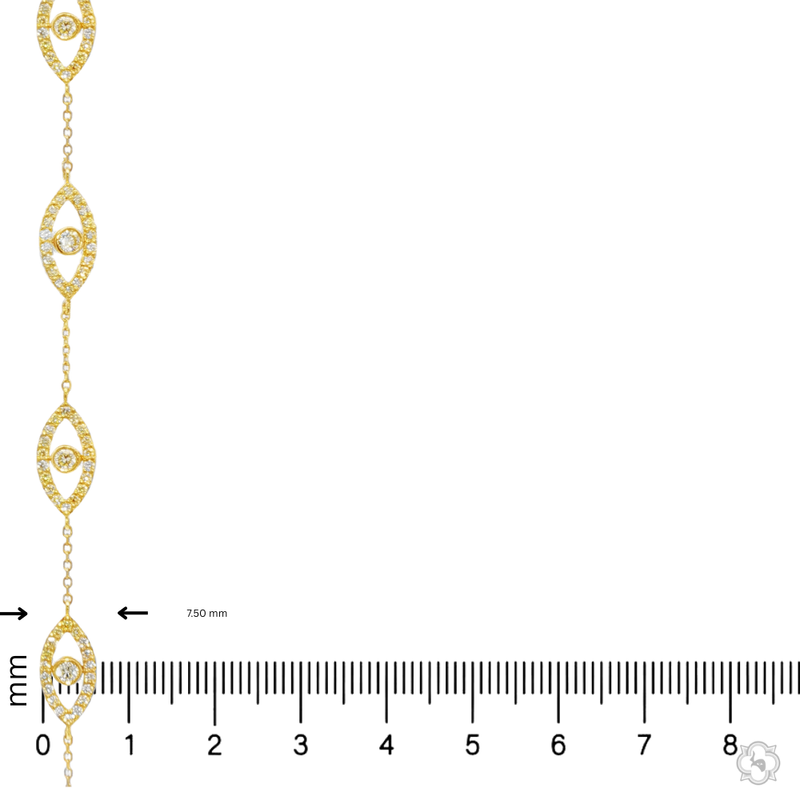 Gold bracelet with evil eye motifs adorned with yellow diamonds and clear stones.