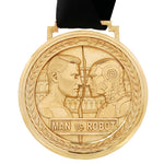 Gold-tone Man vs Robot medal pendant with embossed face profiles and black ribbon necklace.