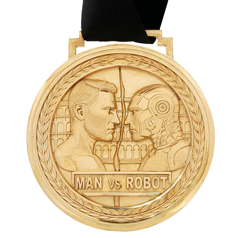 Gold-tone Man vs Robot medal pendant with embossed face profiles and black ribbon necklace.