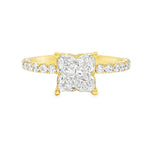 Yellow gold engagement ring with flower-shaped diamond and diamond-studded band.
