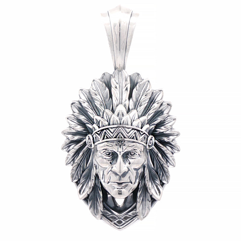 Silver Native Chief pendant with detailed feather headdress and high polish finish