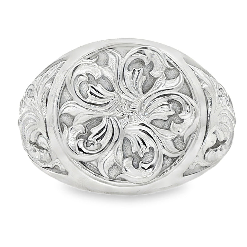 Silver men's signet ring with intricate royal filigree floral design in .925 sterling silver.