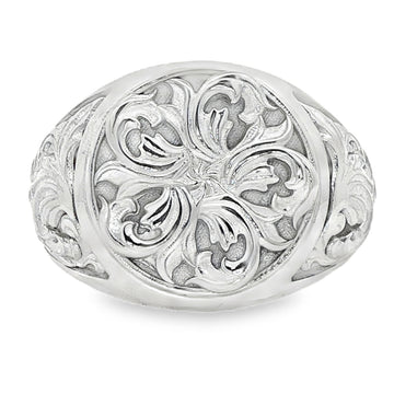 Silver men's signet ring with intricate royal filigree floral design in .925 sterling silver.