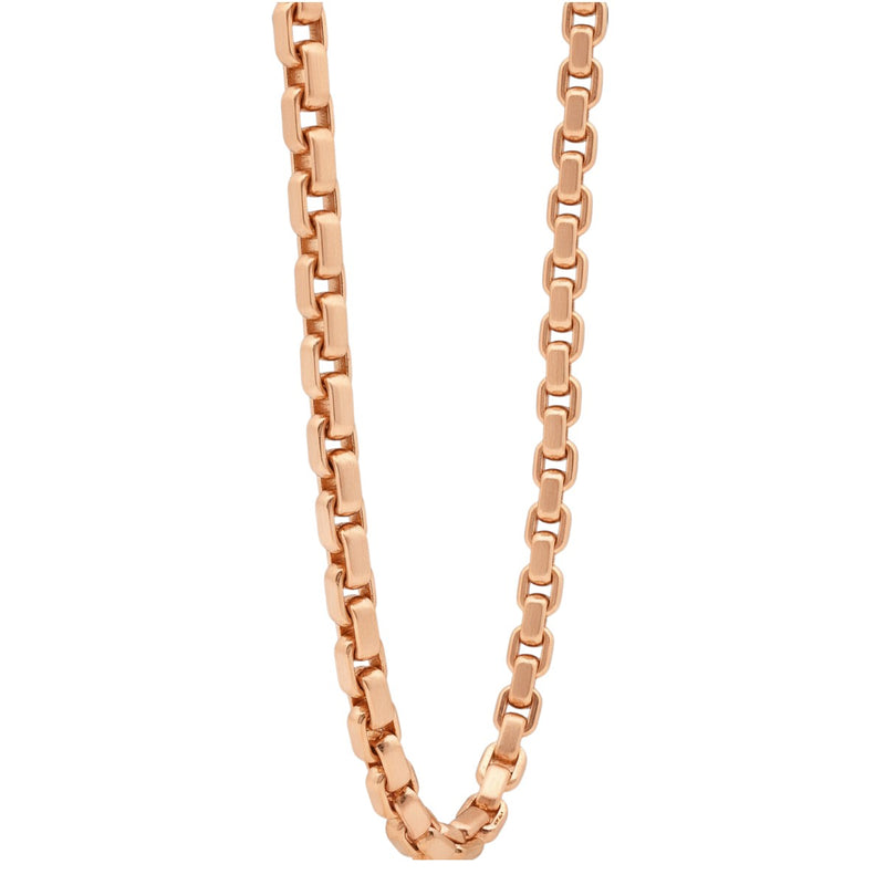 14K rose gold solid round box link chain necklace 24.95 inches, 5.5mm thickness.