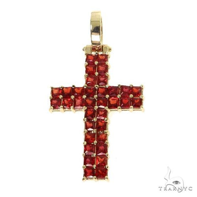 14K Gold 2 Row Blood Red Princess Cut Sapphire Cross
