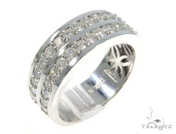 Wide men's two-row diamond ring in polished white metal band.