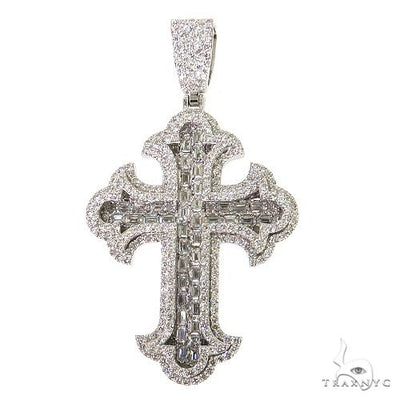 14K Gold 2 Row Emerald Cut Lab-Grown Diamond Cross Pendant