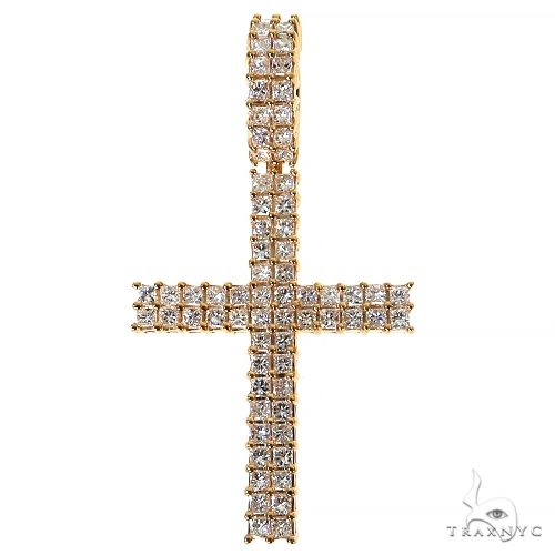 Yellow gold cross pendant with two rows of princess cut diamonds, men's style