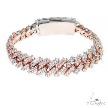 Two tone prong set diamond Cuban link bracelet – alternating metal links with individually set round diamonds, top view