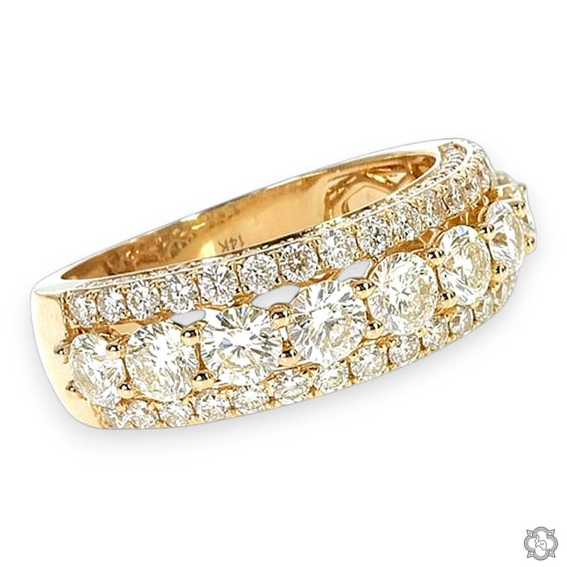 14K yellow gold ring with three rows of sparkling round diamonds, men’s size 8.5-12.