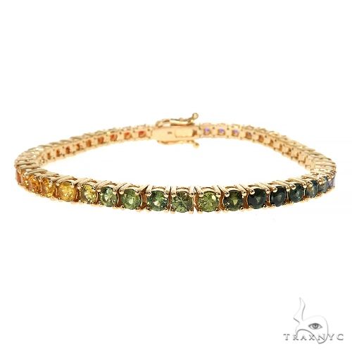 Yellow gold 15-pointer rainbow sapphire tennis bracelet with 4mm round gemstones