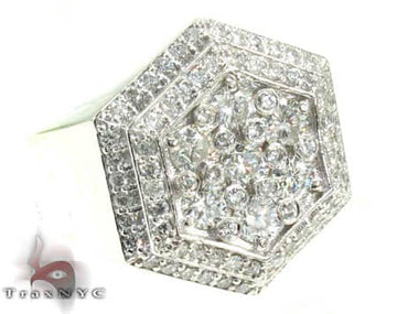 Men's gold hexagon ring with clustered diamonds and pave diamond borders