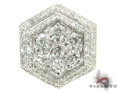 Men’s yellow gold hexagon ring with clustered diamonds and pavé diamond borders