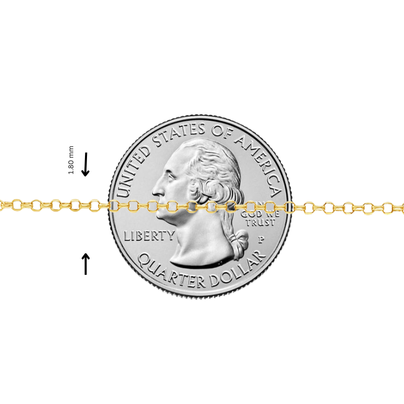 21K gold 1.8mm cable chain linked across a quarter for scale.