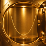 21K gold 1.8mm anchor cable chain displayed inside illuminated round vault compartment.