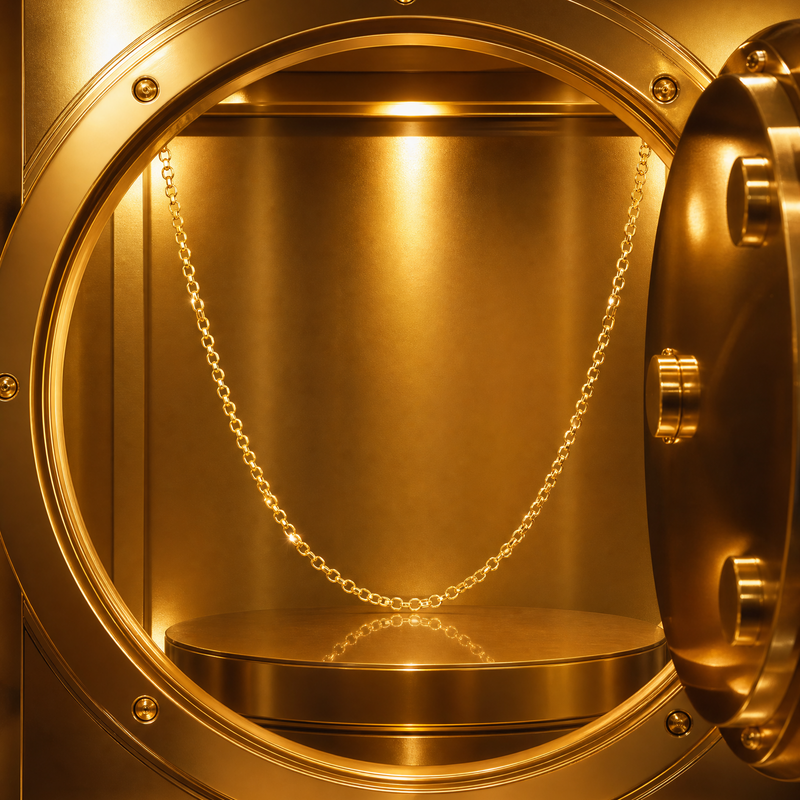 21K gold 1.8mm anchor cable chain displayed inside illuminated round vault compartment.
