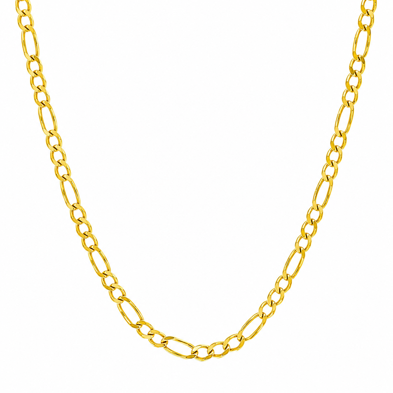 21K gold 3.5mm Figaro chain with alternating oval and bar links, polished finish.