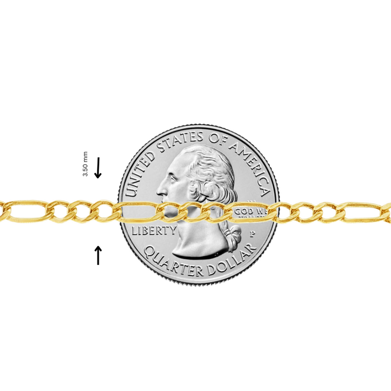 21K gold Figaro chain 3.5mm width shown against a US quarter for scale.