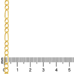 21K gold 3.5mm Figaro chain segment aligned with millimeter ruler for scale.
