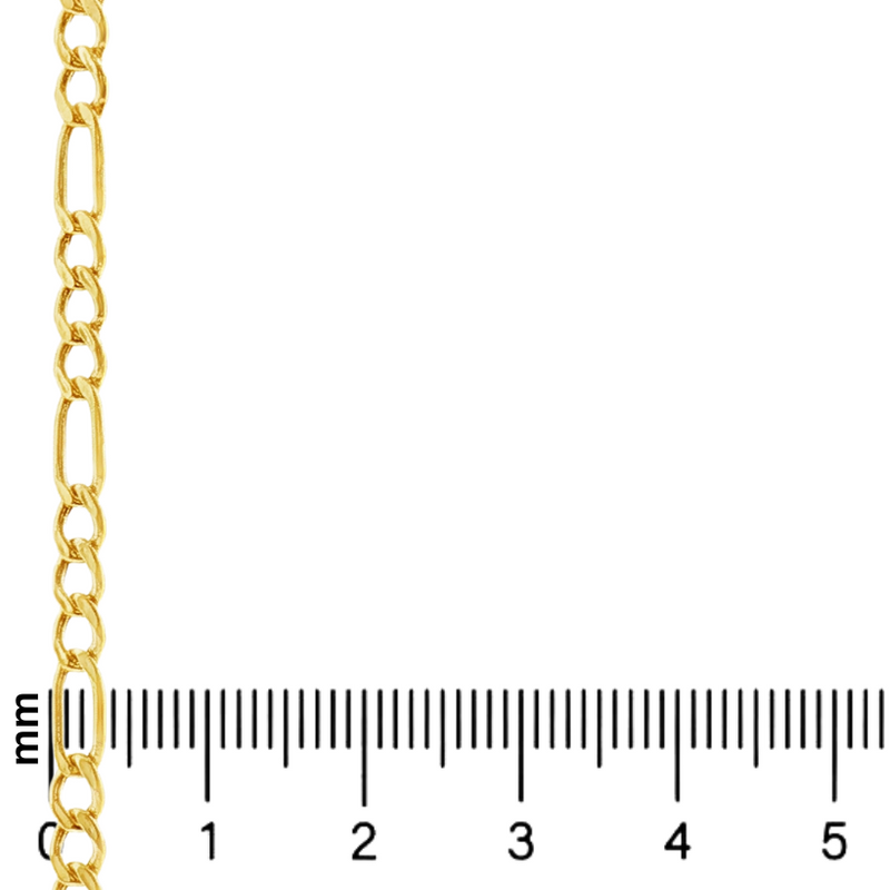 21K gold 3.5mm Figaro chain segment aligned with millimeter ruler for scale.