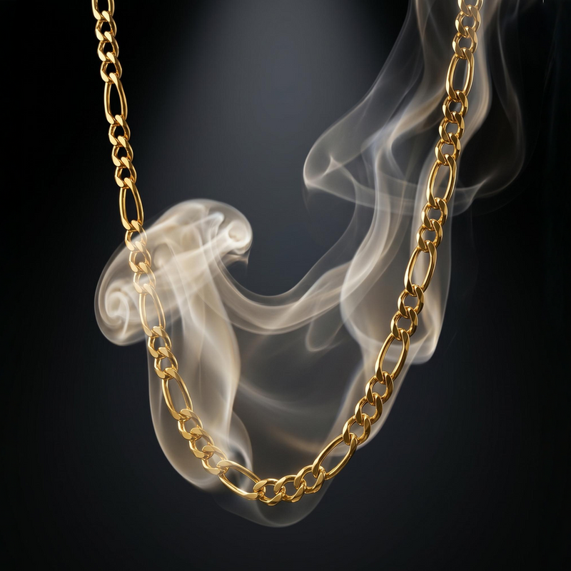 21K gold Figaro chain necklace 3.5mm with polished interlocking links and smooth finish.
