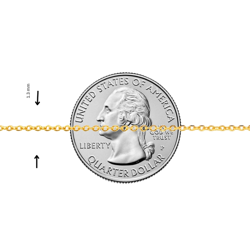21K gold 1.3mm cable chain laid across a quarter for scale.