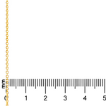 21K gold 1.3mm cable chain shown against millimeter ruler for scale.