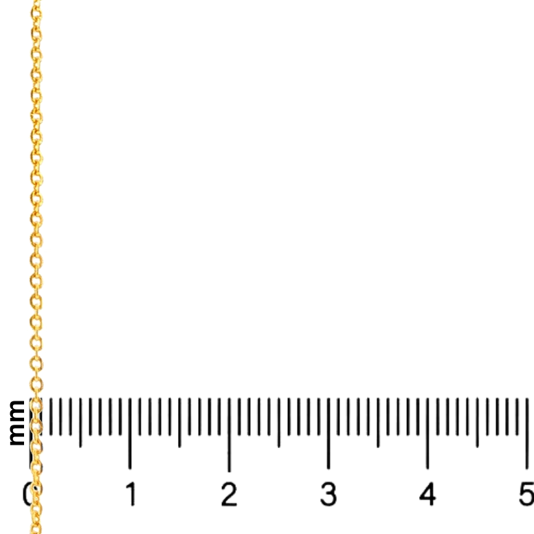 21K gold 1.3mm cable chain shown against millimeter ruler for scale.