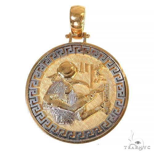 Custom 22k yellow gold Greek Thoth pendant — front view showing hand-crafted detail and high-karat warm gold finish