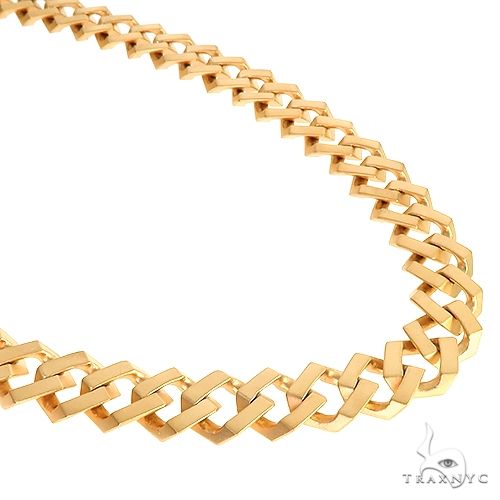 Solid 22k yellow gold square curb chain with matte finish, 15.3mm wide, 22 inches, flat lay view