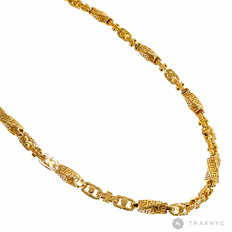 26-inch 5.5mm 22K yellow gold Greek key link chain with assorted patterned links.