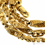 26-inch 5.5mm 22K yellow gold Greek key link chain with assorted patterned links.