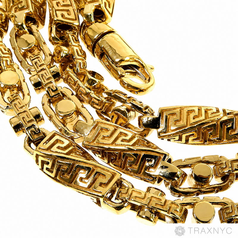 26-inch 5.5mm 22K yellow gold Greek key link chain with assorted patterned links.
