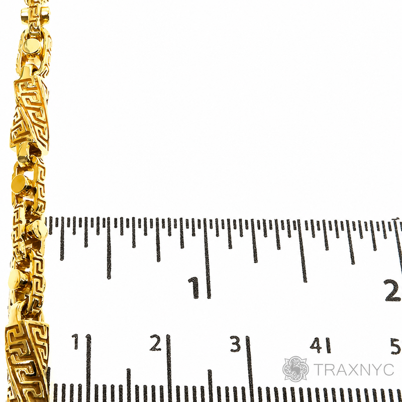 26-inch 5.5mm 22K yellow gold Greek key link chain with assorted patterned links.