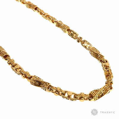 28-inch 7.5mm 22K yellow gold chain with solid Greek key link design.