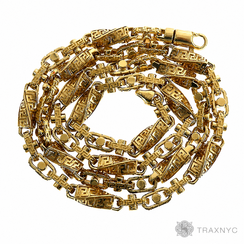 28-inch 7.5mm 22K yellow gold chain with solid Greek key link design.