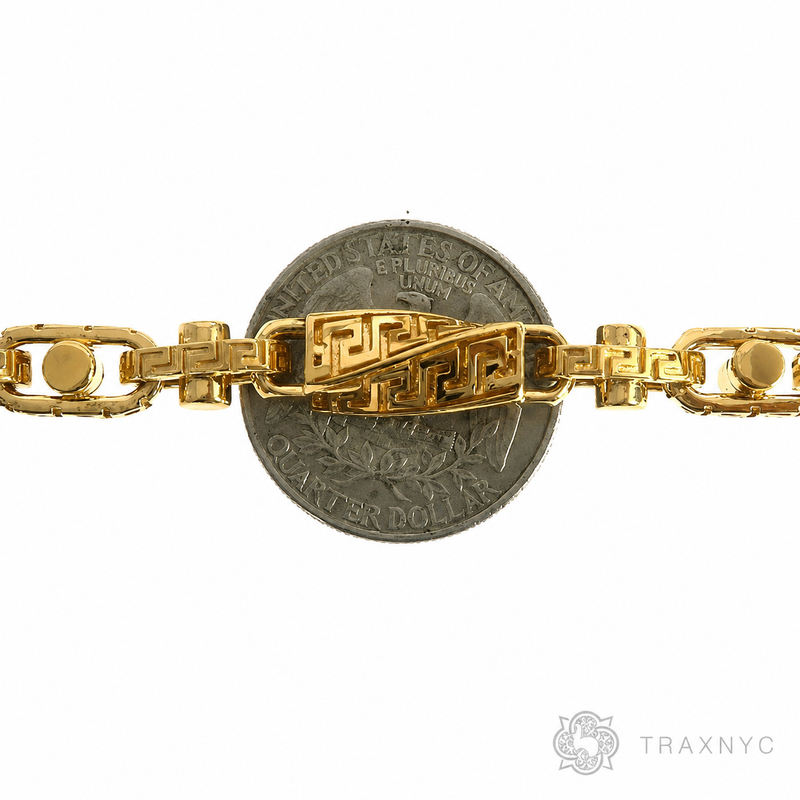 28-inch 7.5mm 22K yellow gold chain with solid Greek key link design.