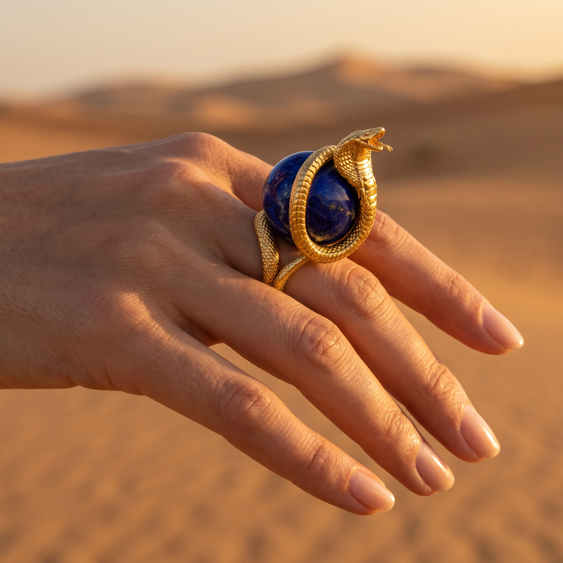 24K Gold Cobra Lapis Lazuli Orb Ring, view 7