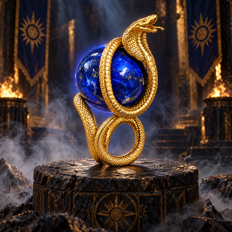 24K Gold Cobra Lapis Lazuli Orb Ring, view 8