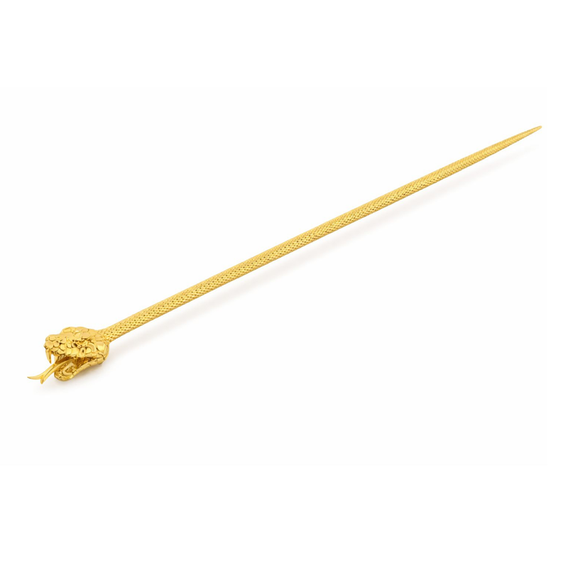 24K gold snake hairpin with intricate scaled head and forked tongue detailing.