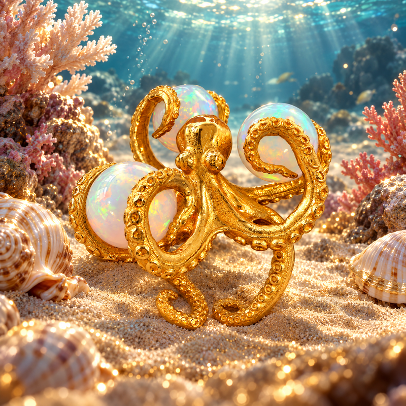 24K Gold Octopus Opal Orb Ring, view 10