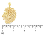 Yellow gold lion head pendant with intricate flowing mane details, polished finish.