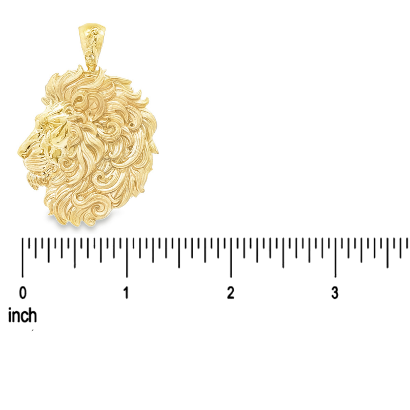 Yellow gold lion head pendant with intricate flowing mane details, polished finish.