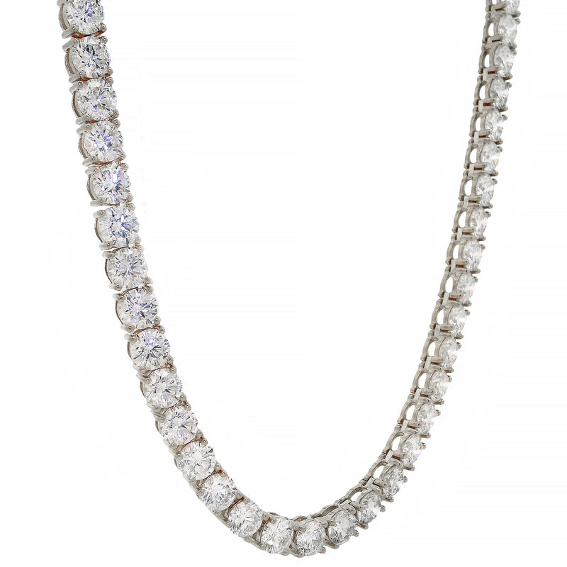 White gold tennis chain with round 75 pointer diamonds, sleek luxury men's jewelry.