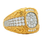 Yellow gold men's ring with diamond filigree and clustered round diamonds centerpiece.