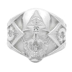 Silver skull ring with all-seeing eye pyramid and geometric details, matte finish.
