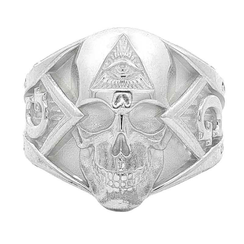 Silver skull ring with all-seeing eye pyramid and geometric details, matte finish.