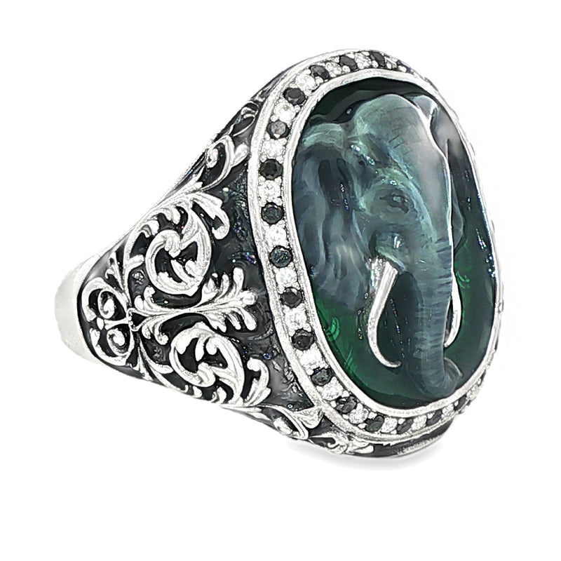 925 silver men's ring with black diamond border and elephant enamel centerpiece.
