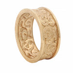 Yellow gold men's band with intricate baroque scrollwork and textured finish.